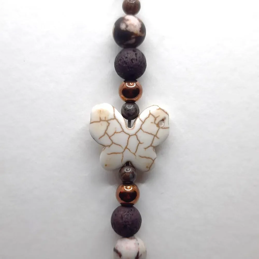 Handmade Beaded Butterfly Bag Charm Diffuser Keychain Heart Earthy Brown Cream